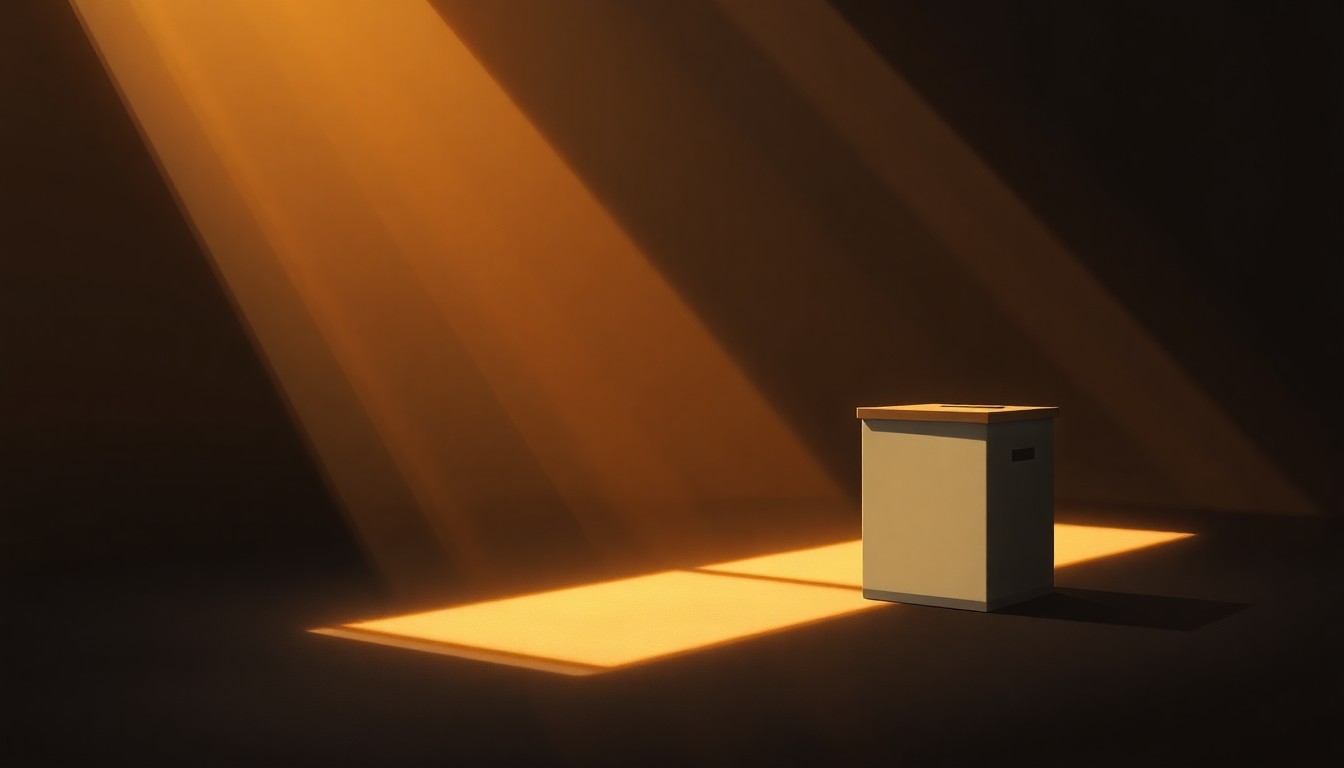 A photorealistic painting of an old-fashioned metal ballot box sitting alone on a wooden table, with warm, golden light streaming in from a nearby window and deep shadows cast across the scene, creating a pensive, contemplative mood.