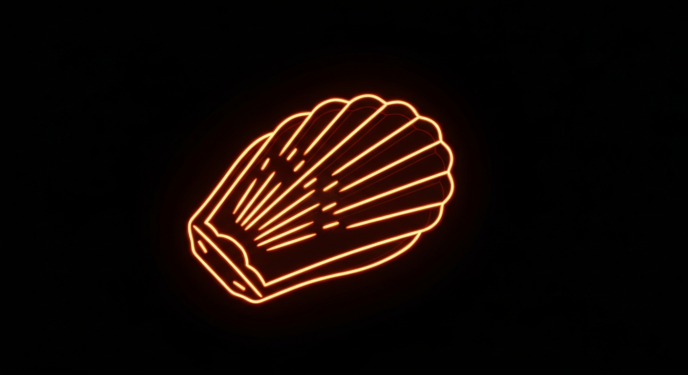 A glowing, neon outline of a madeleine pastry against a dark background, the outline pulsing and flickering to convey a sense of urgency about the food allergy risk.