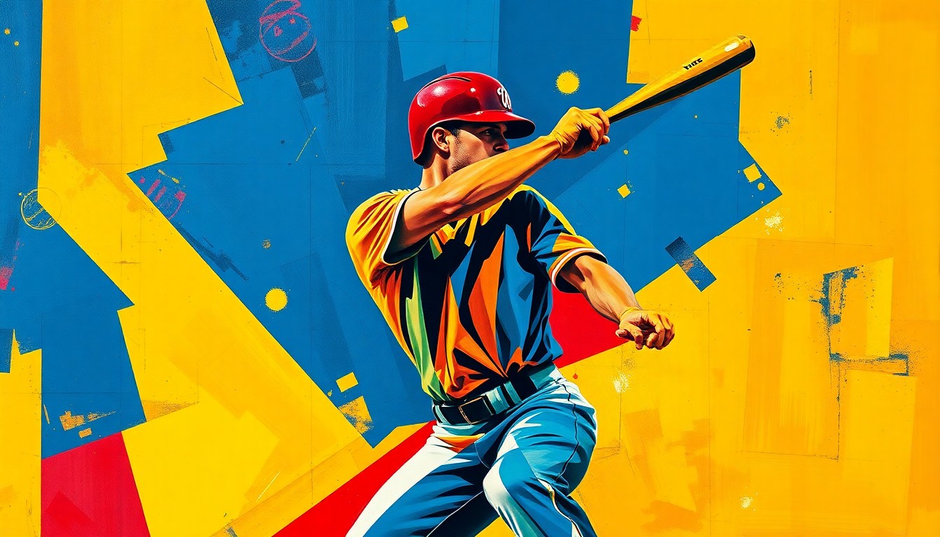 A cubist, geometric painting depicting a baseball player's motion, with sharp, overlapping planes of color representing the dynamic and fragmented nature of a professional athlete's journey.