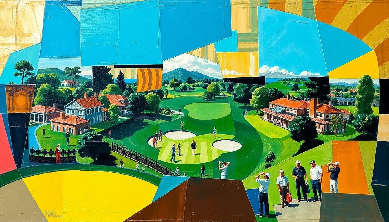 A cubist, geometric painting depicting a fragmented, multi-perspective view of a golf tournament, with sharp, overlapping planes of color and form representing the complex interplay of sports, wealth, and cultural significance.