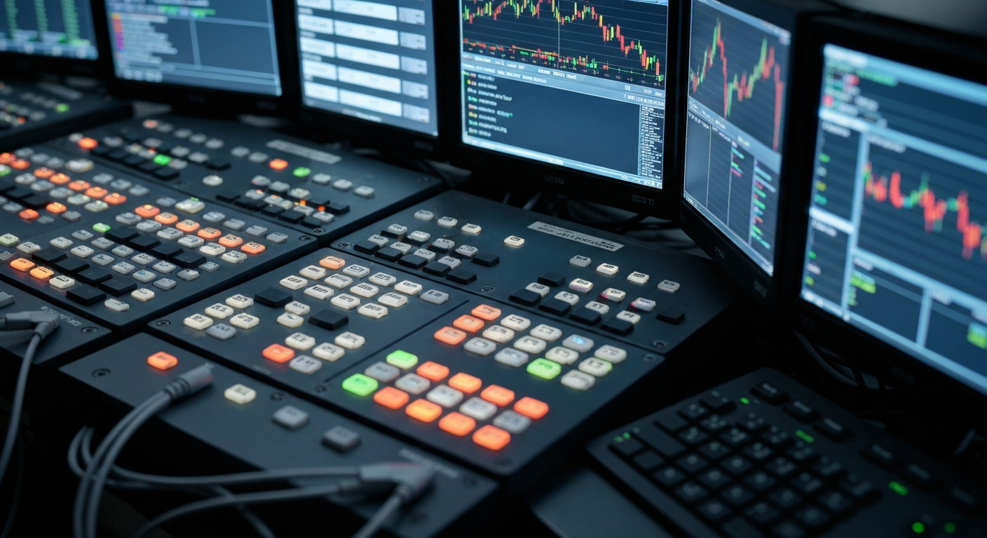 An extreme close-up of the inner workings of a financial trading terminal, with a tangle of cables, screens, and buttons, conveying the technological complexity of modern finance.