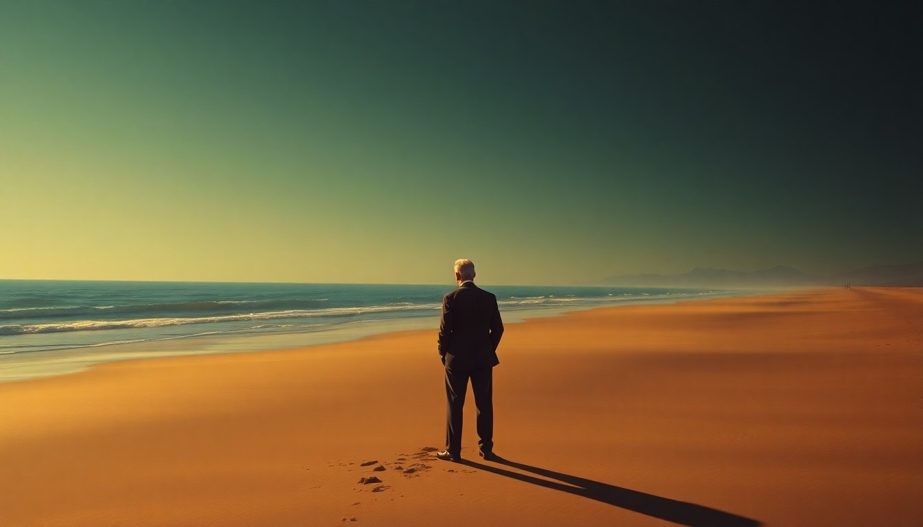 A serene, cinematic painting of a lone figure standing on a beach, the warm light and deep shadows creating a contemplative, nostalgic mood around the solitary subject.