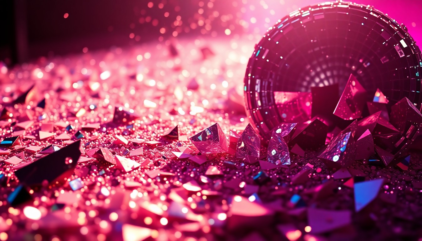 An abstract close-up photograph of shimmering sequins and shattered glass, capturing the high-end, glamorous aesthetic of Sabrina Carpenter's Coachella headlining set.