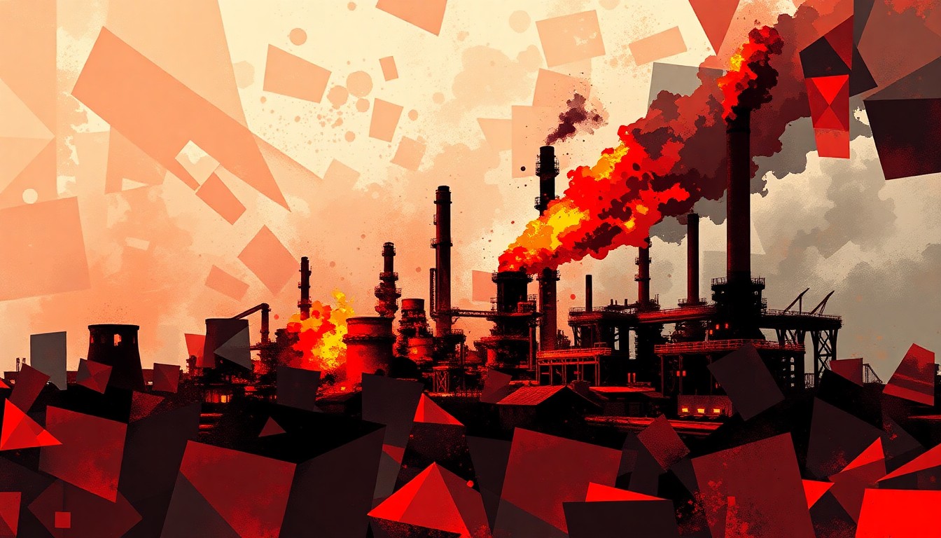 A dynamic, abstract painting of an exploding industrial facility, with overlapping geometric shapes and waves of fiery color, conveying the sense of impending destruction and geopolitical turmoil.