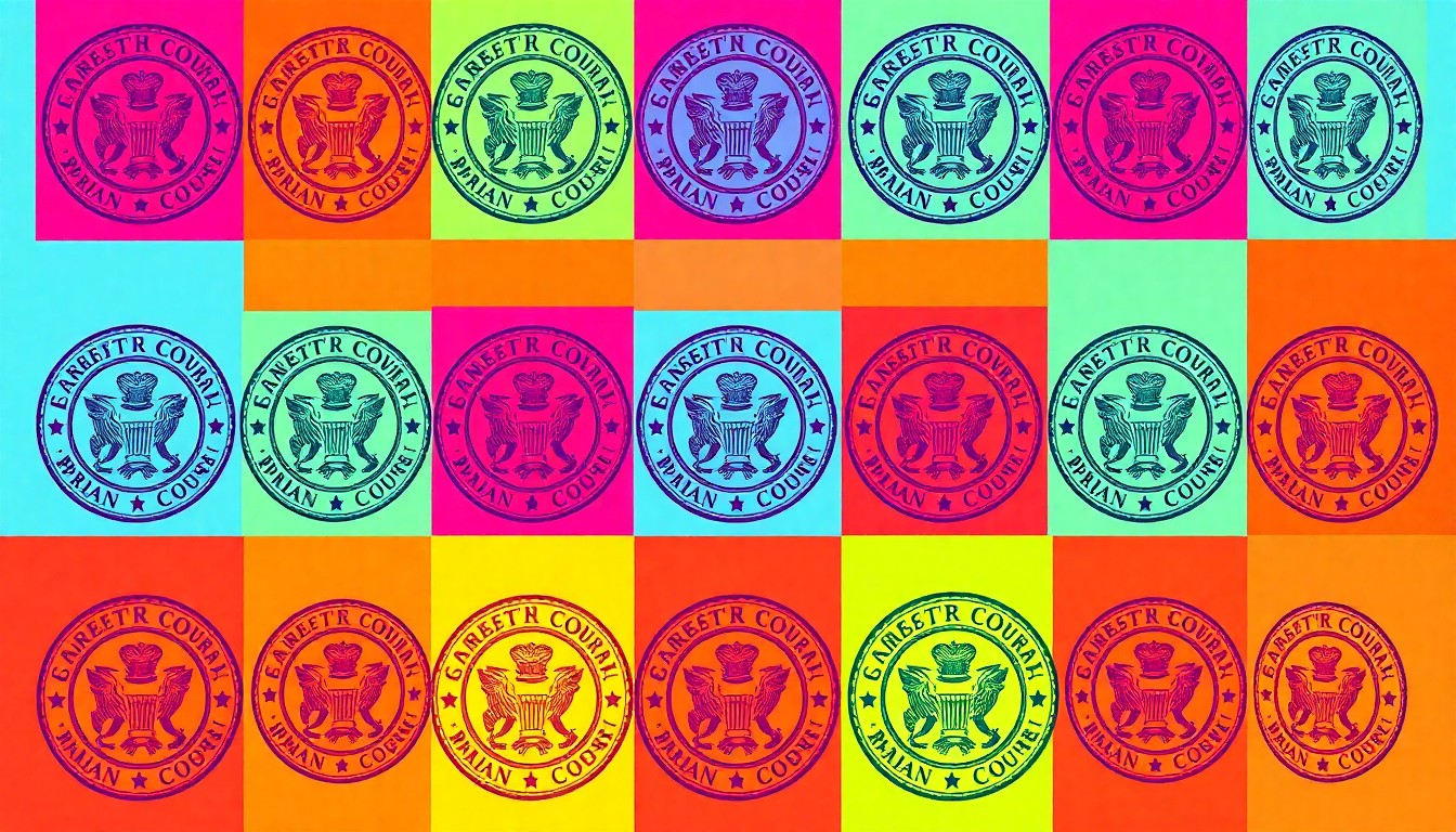 A brightly colored, high-contrast silkscreen print of a single, iconic government document or seal repeated in a tight grid pattern, conceptually representing the bureaucratic nature of the Rajasthan Patwari recruitment process.