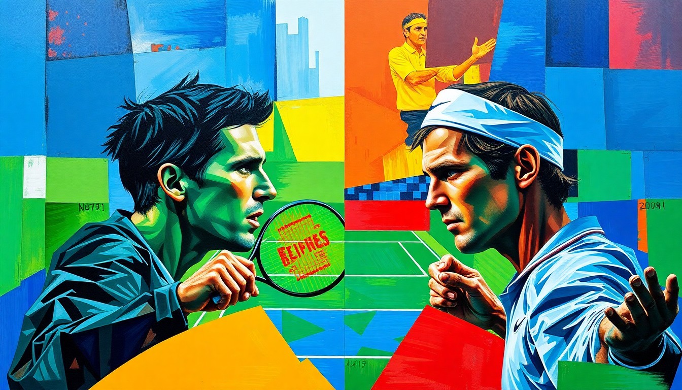 A cubist, geometric painting depicting a tennis match between Novak Djokovic and Roger Federer, with the players and court broken down into overlapping planes of vibrant blue, green, and red colors.