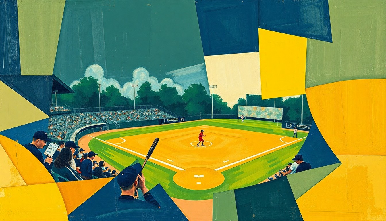 A fragmented, geometric painting depicting the action and energy of a high school baseball game, with sharp planes of navy, green, and ochre colors swirling together to capture the competitive spirit of the matchup.