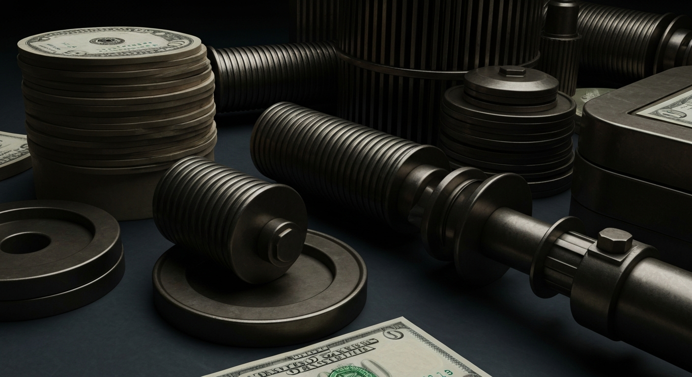 An extreme close-up of heavy, industrial machinery and equipment, conveying a sense of power, stability, and financial security without using literal currency or charts.