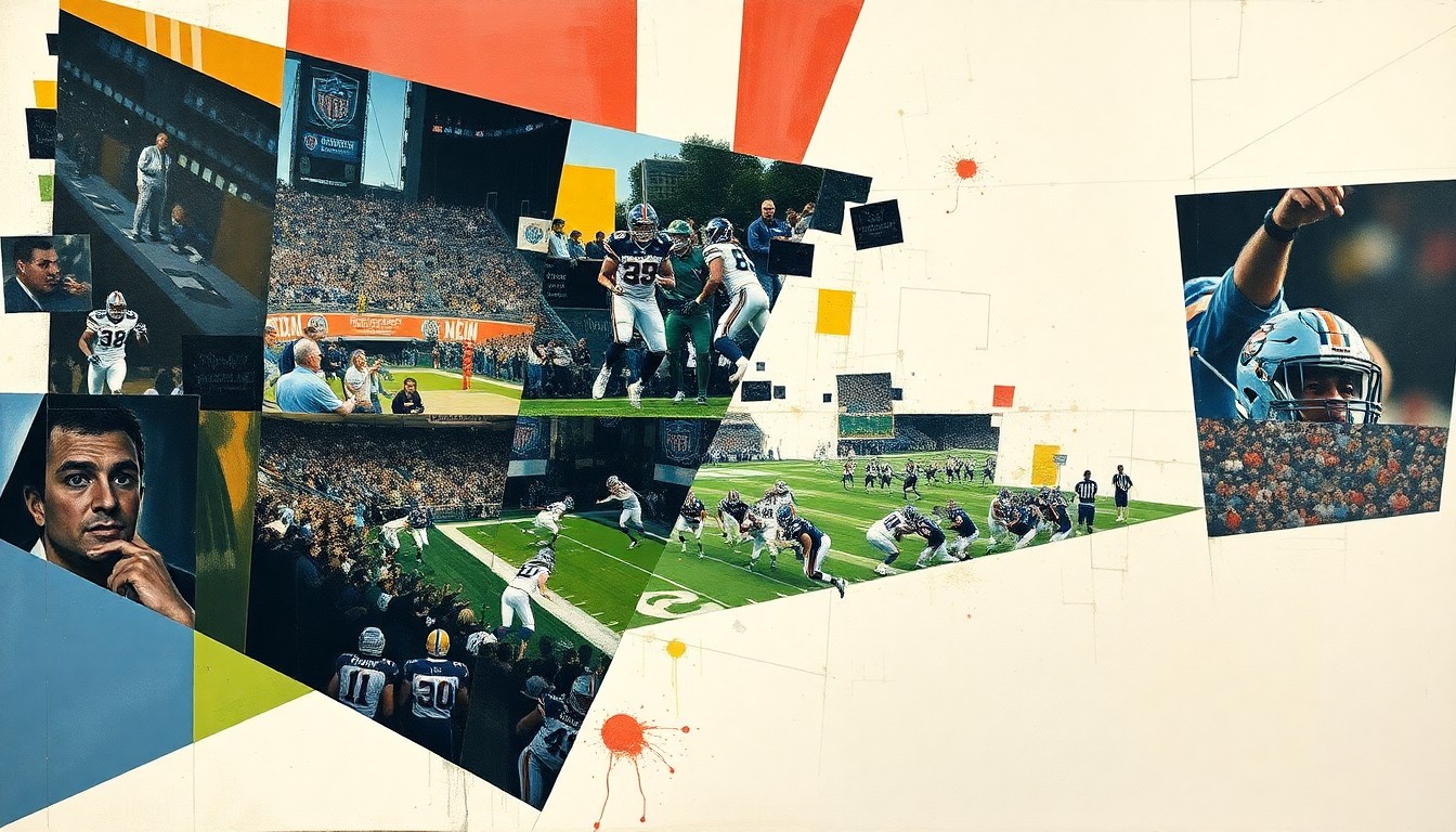 A cubist, geometric painting depicting a fragmented, multi-angled view of a football game or draft event, with sharp, overlapping shapes and planes of color representing the dynamic action and strategic decision-making of the draft process.