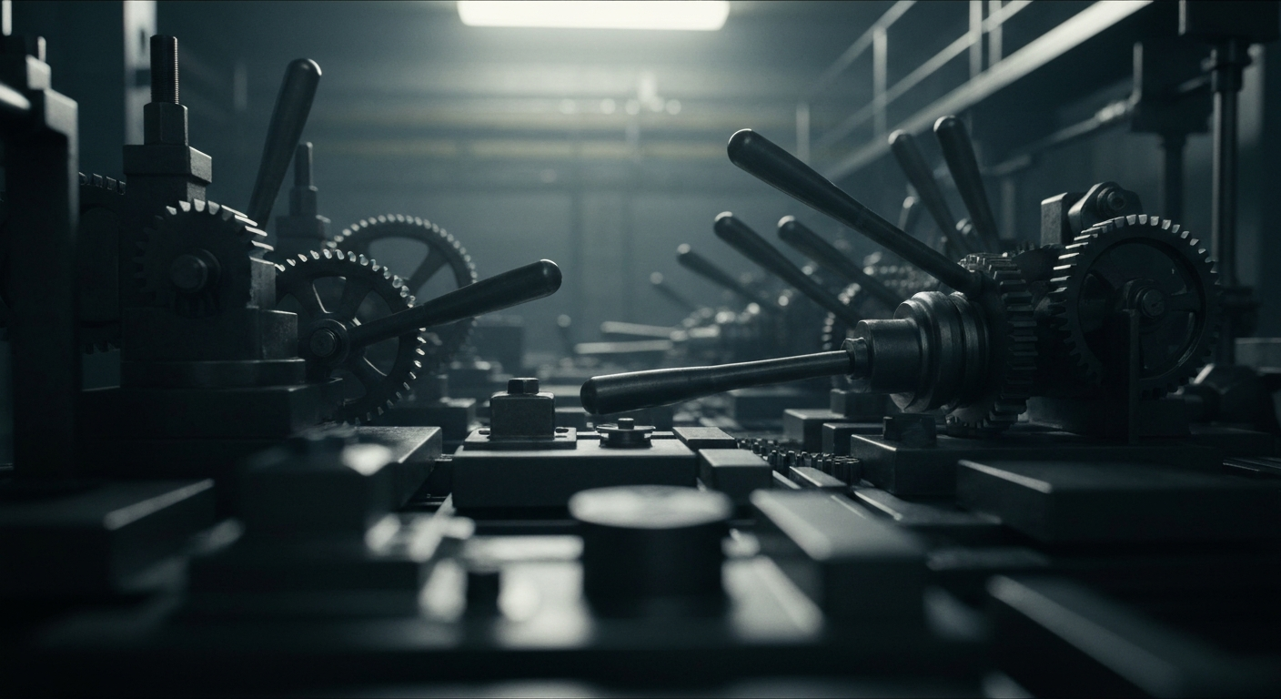 An extreme close-up of heavy, industrial banking machinery and equipment, representing the complex financial operations and infrastructure of a major consulting firm.