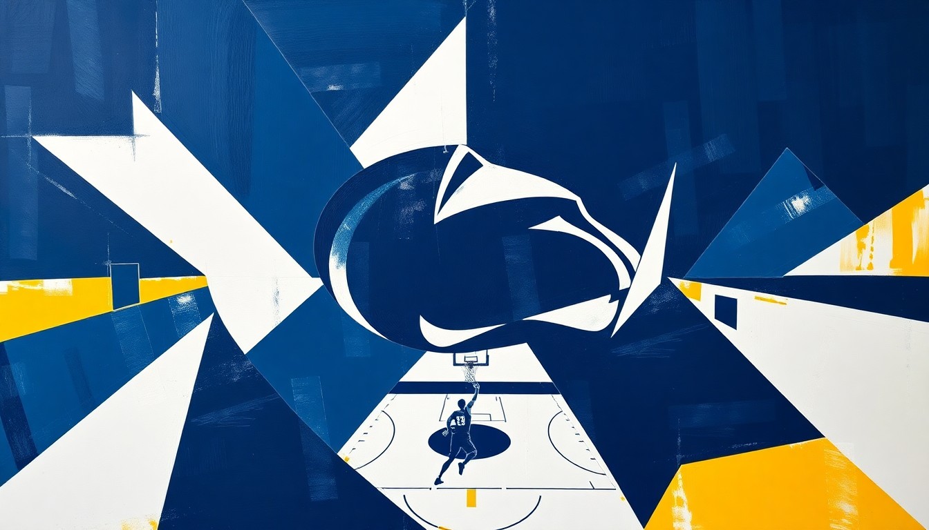 A cubist-style painting depicting a fragmented basketball court scene, with sharp geometric shapes in Penn State's colors representing the loss of a key defensive coach.