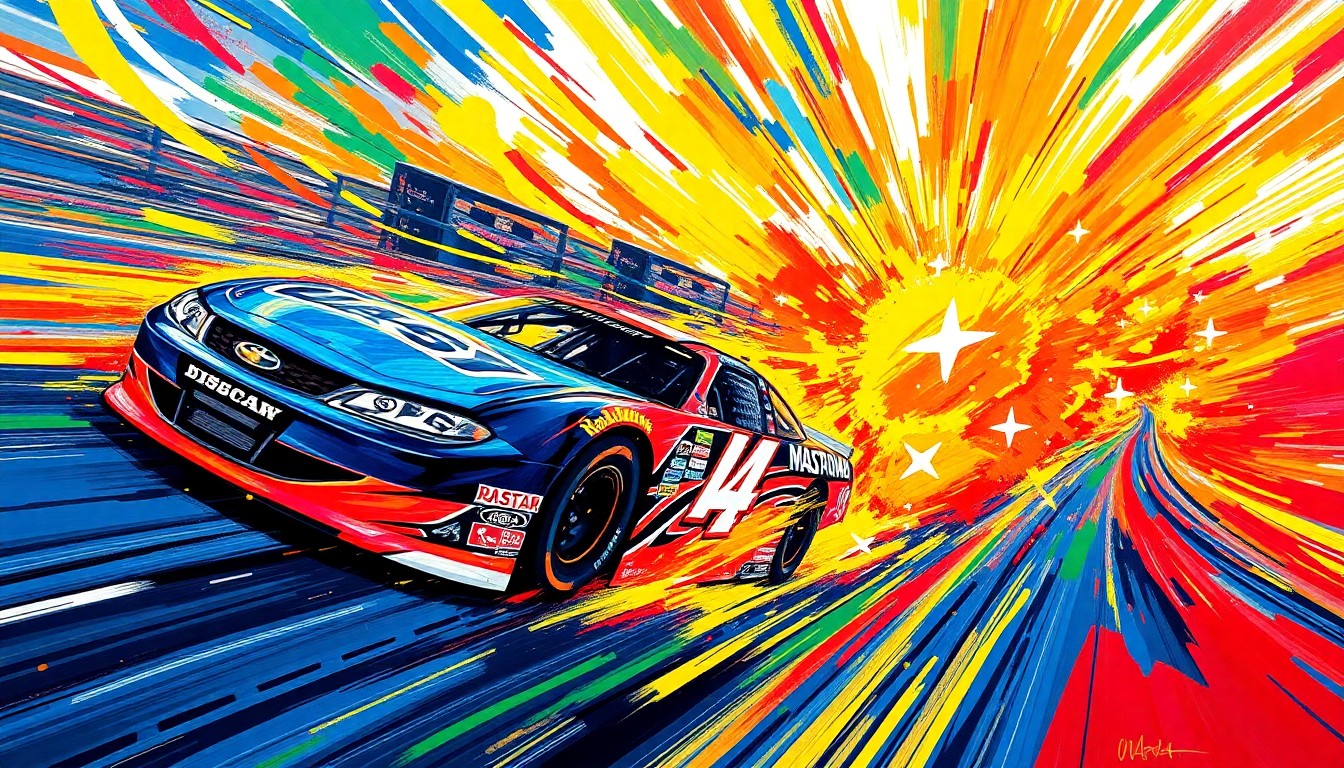 An abstract, energetic painting featuring bold, neon-colored brushstrokes that capture the raw speed and intensity of NASCAR racing at Bristol Motor Speedway.