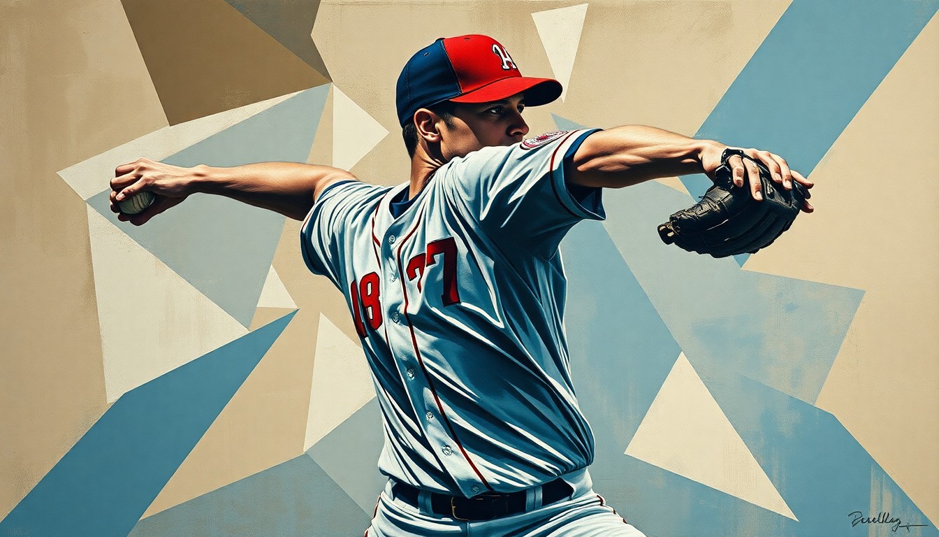 A fractured, multi-perspective painting in muted earth tones and cool blues, breaking down a baseball pitcher's motion into sharp, overlapping geometric planes. The pitcher's face and uniform are obscured, with the focus on the dynamic, angular forms of the throwing action.