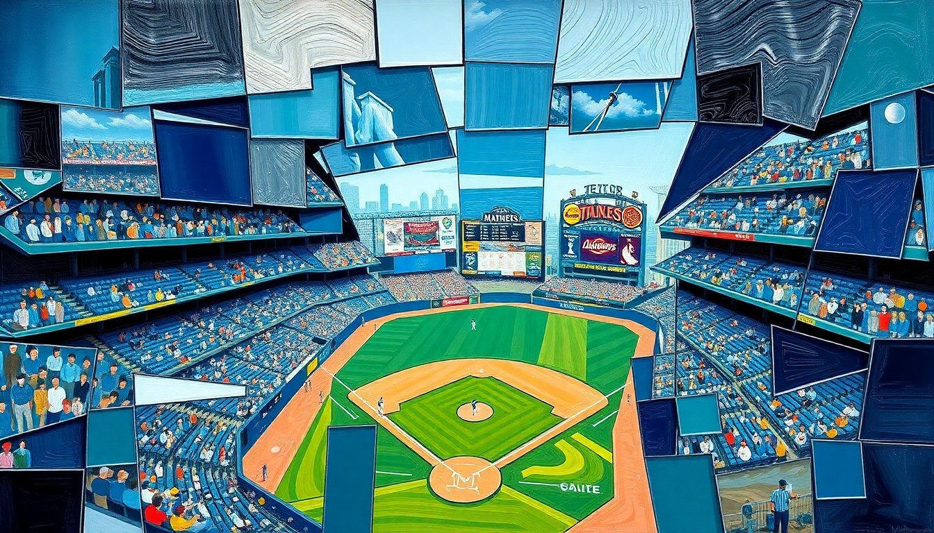 A fractured, geometric painting in vibrant navy, teal, and silver colors, breaking down a Mariners baseball scene into sharp, overlapping planes, conceptually representing the team's challenges and search for a way forward.