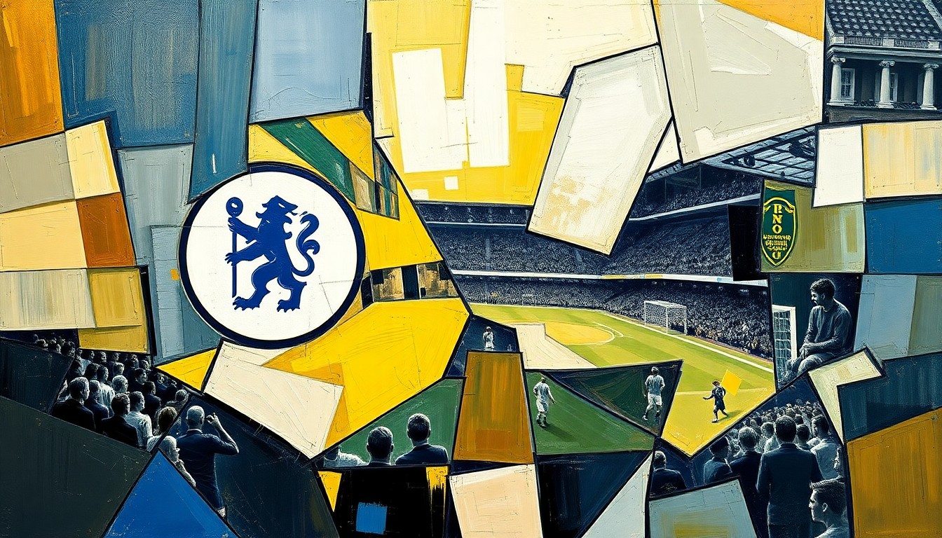 A fractured, cubist-style painting depicting the action and energy of a high-stakes football match, with players and the field broken down into sharp, overlapping geometric shapes and planes of color.
