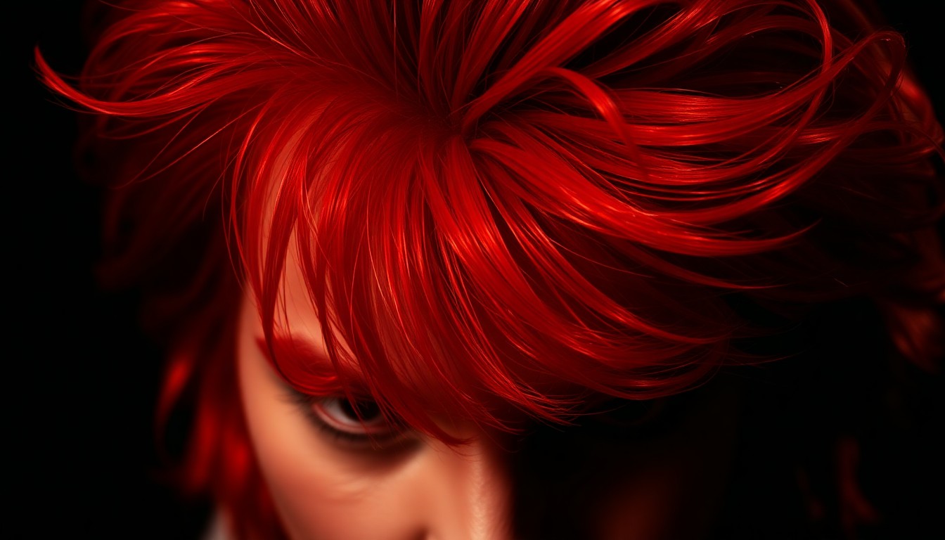 An extreme close-up photograph of Mickey Rourke's fiery red hair, captured in dramatic high-contrast studio lighting to create a glitzy, high-fashion aesthetic, focusing purely on the vibrant texture and sheen of the hair.