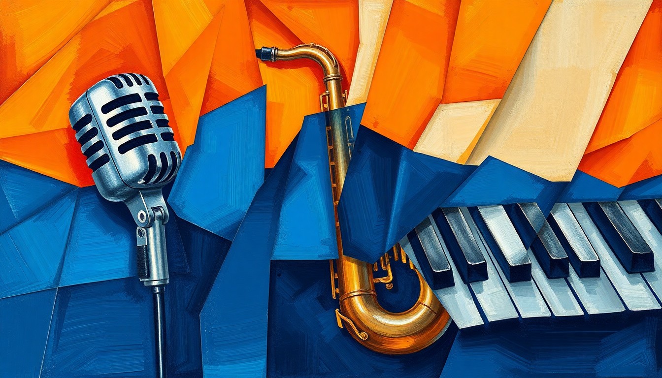 A dynamic, abstract painting featuring fragmented shapes and colors representing musical instruments, conveying the tension between politics and the arts.