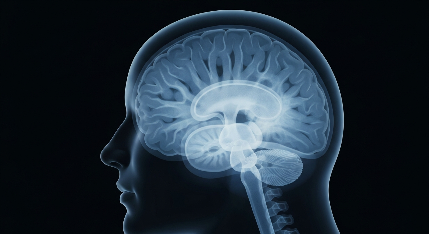 A translucent, ghostly X-ray-style image of a human brain, rendered in shades of blue and gray against a dark background, conveying the clinical yet hopeful nature of mental health assessments.