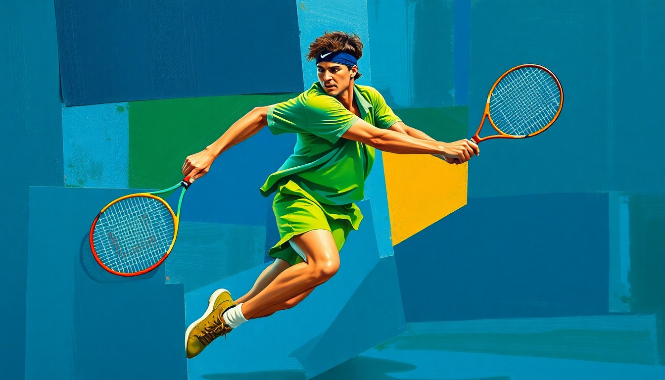 A cubist-style painting depicting a tennis player in mid-motion, their body and racket broken down into sharp, overlapping geometric planes in a vibrant color palette, conceptually representing Evan King's remarkable comeback story.