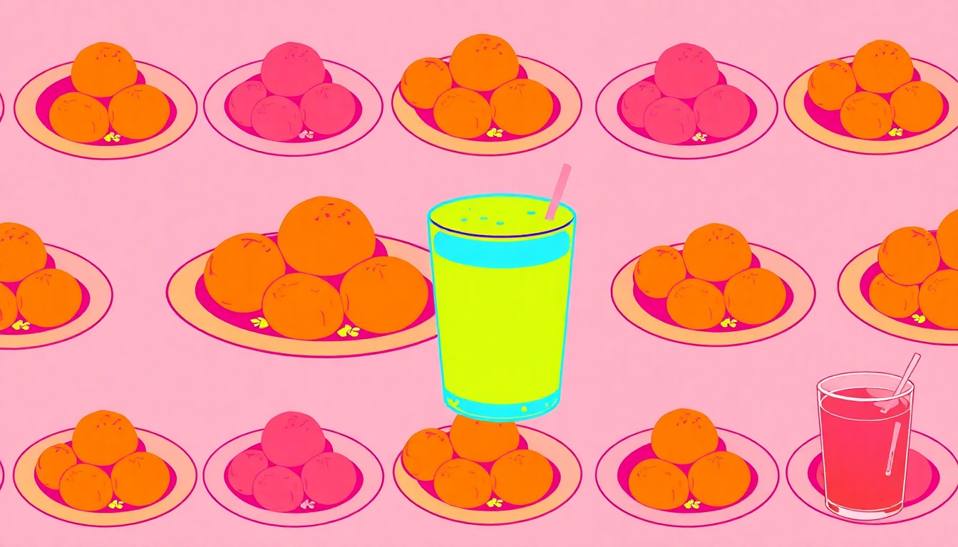 A high-contrast, silkscreen-style illustration featuring a repeating grid pattern of a plate of sausage balls and a glass of sweet tea, rendered in a vibrant neon color palette that captures the celebratory mood of a local restaurant anniversary.