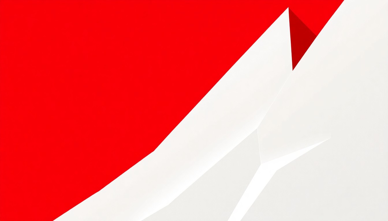 A striking abstract composition featuring bold, jagged geometric shapes in vibrant red and white, conceptually representing the growth and resilience of the Makeup by Mario brand.