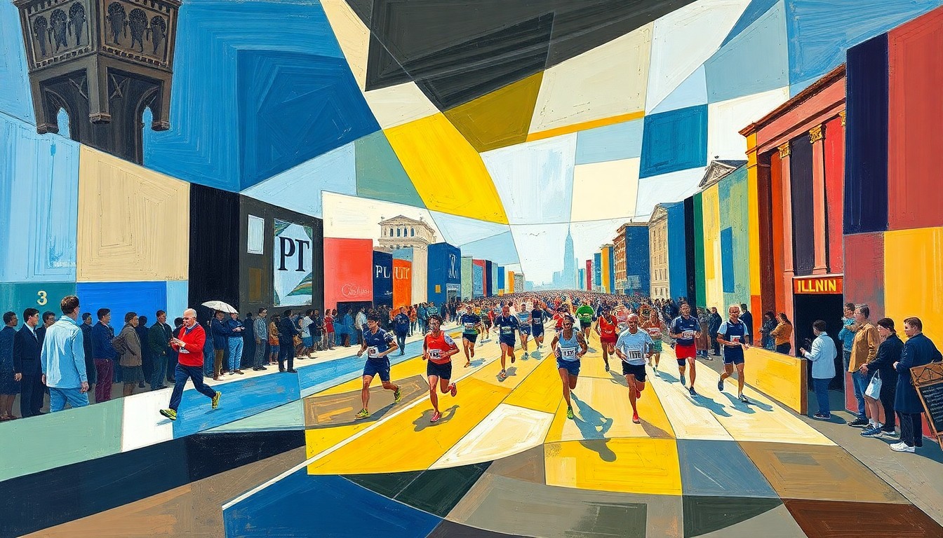 A cubist, geometric painting depicting the Illini 100 race, with overlapping planes and shapes representing the dynamic movement and competition on the track.