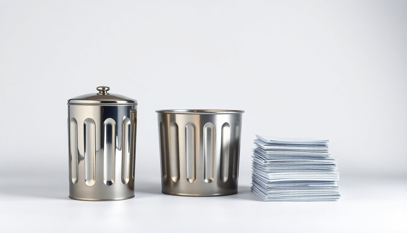 A high-end, photorealistic studio still-life photograph featuring a polished metal trash can, a sleek recycling bin, and a stack of neatly organized financial documents, conceptually representing the financial management and corporate strategy behind Waste Management's operations.