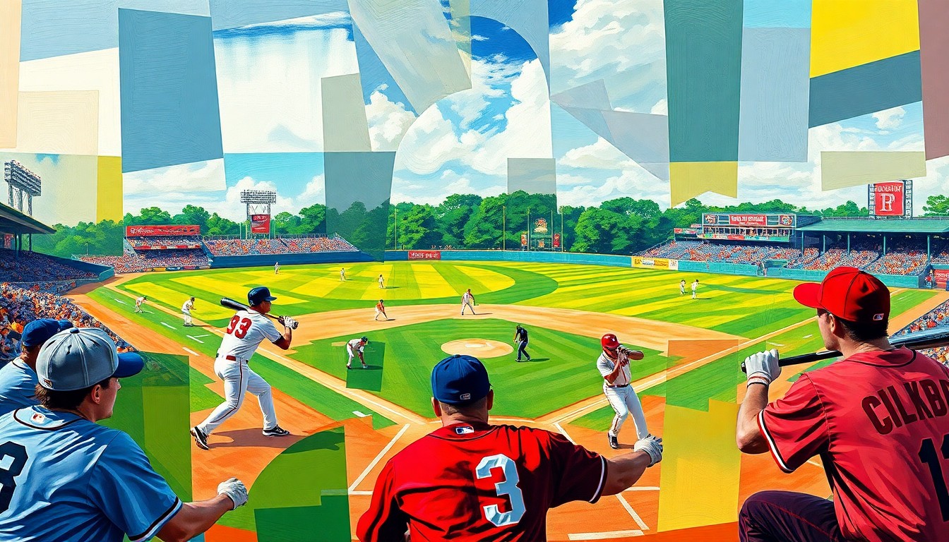 A fragmented, geometric painting depicting the action of a college baseball game, with players, bats, and the diamond field rendered in an abstract, cubist style using the bright colors of the two teams' uniforms.