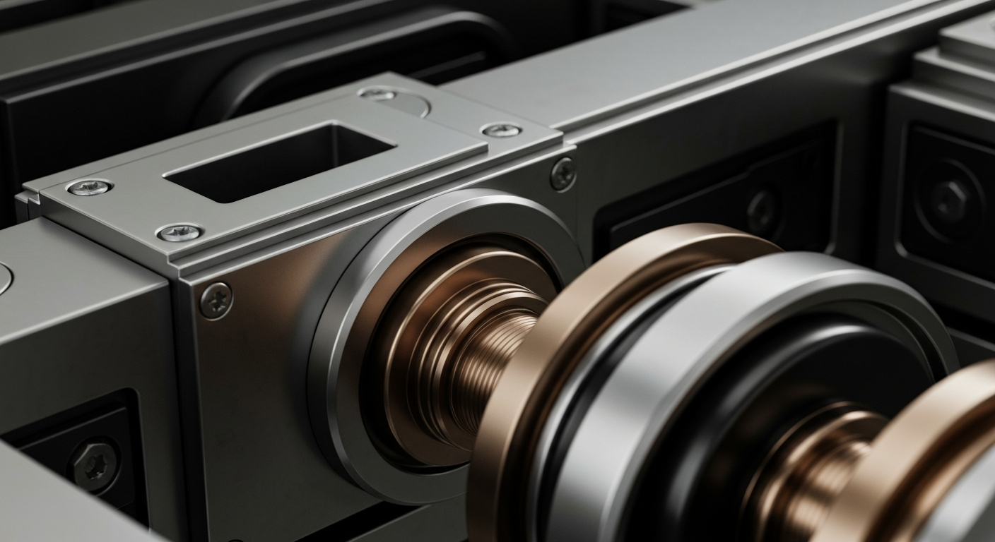 A close-up view of heavy, industrial banking machinery and components, rendered in a high-contrast, cinematic style that emphasizes the physical, mechanical nature of financial services.
