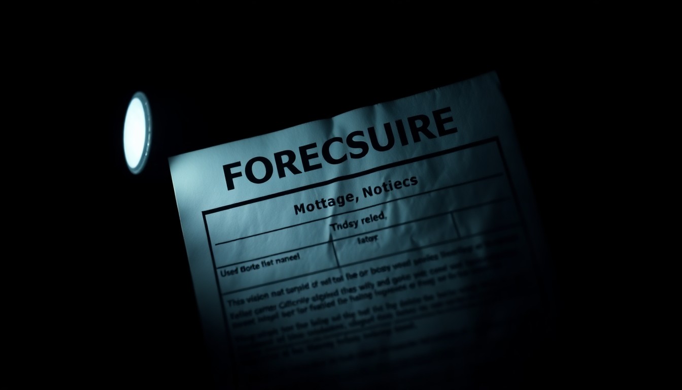 An extreme close-up of a foreclosure notice or mortgage document, the harsh lighting and stark black background creating a gritty, investigative aesthetic that conceptually represents the legal dispute over alleged predatory lending practices.