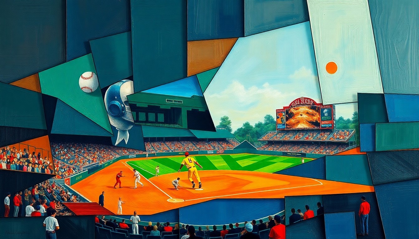 A fractured, geometric painting in vibrant colors depicting the dynamic movements and competing perspectives of a baseball game, capturing the sport's inherent drama and artistry.