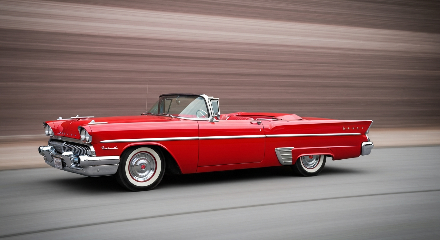 An abstract, impressionistic illustration of a 1958 Mercury convertible, its vibrant red body and chrome details blurred into sweeping brushstrokes of color, evoking a sense of speed, nostalgia, and the passage of time.