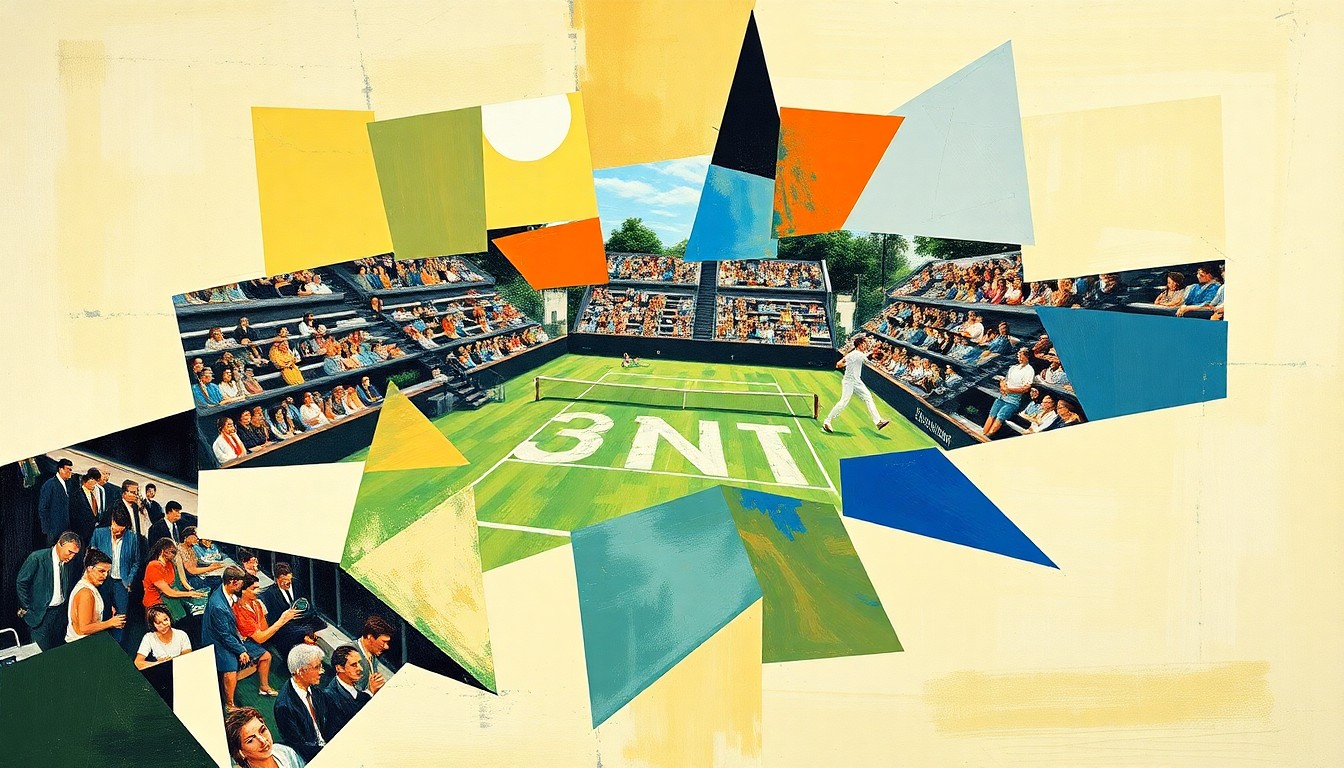 A cubist, geometric painting depicting a fragmented and deconstructed tennis match or competition, with sharp, overlapping planes of color and form representing the emotional and mental challenges Aiava faced in her tennis career.