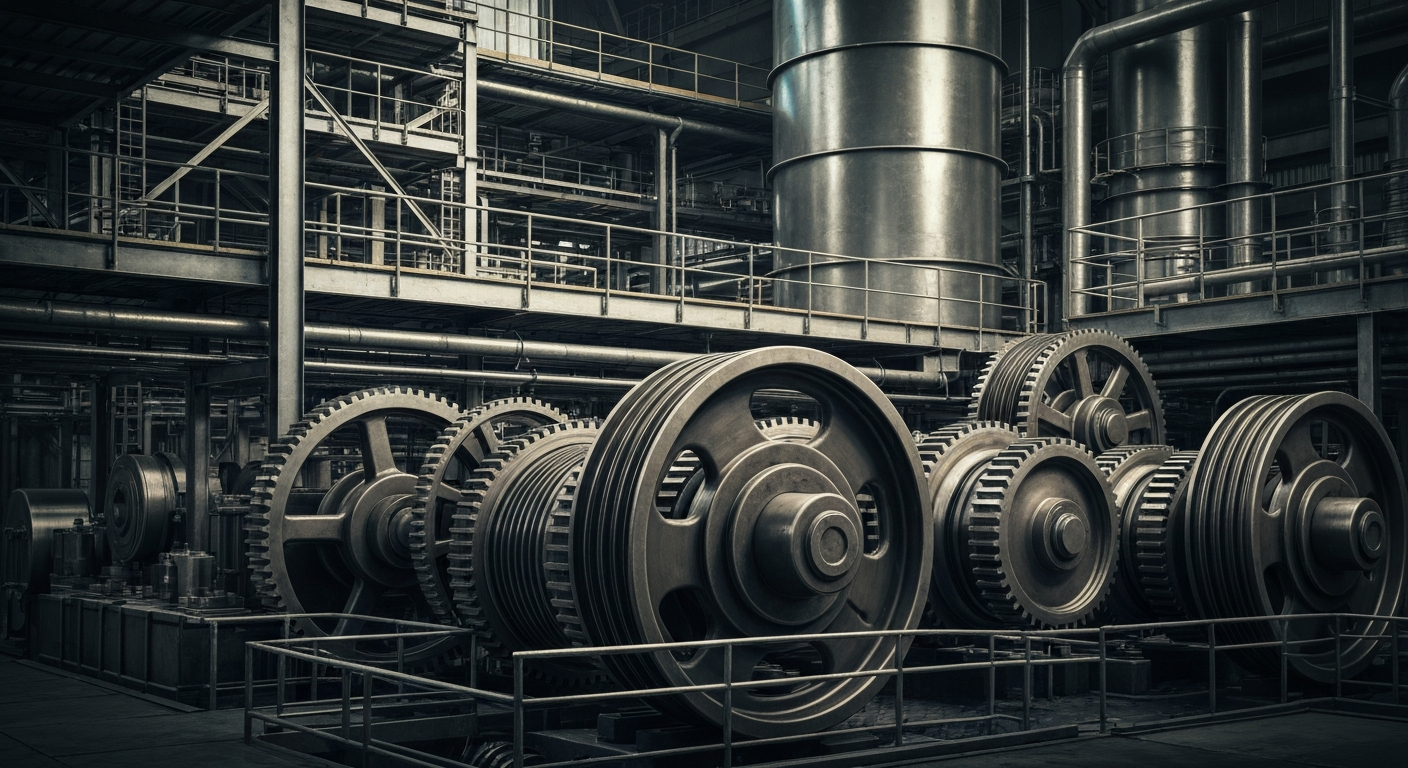 An extreme close-up of the intricate, heavy machinery that powers a precious metals refinery, conveying the industrial scale and financial security of the global mining sector.