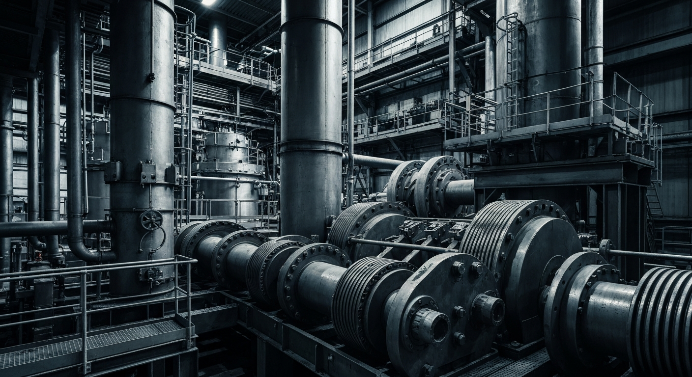 A highly detailed, black-and-white close-up image of the intricate machinery and mechanical components that make up the uranium processing equipment at an industrial facility, conveying the technical complexity and heavy industrial nature of the nuclear fuel supply chain.