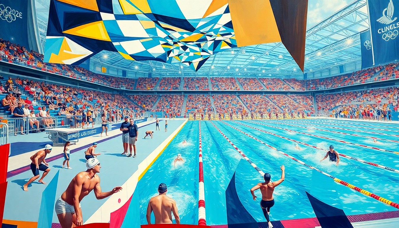 A fractured, multi-perspective painting in bold, vibrant colors depicting various Olympic swimming and water polo events, with the figures and elements broken down into sharp, overlapping geometric planes.