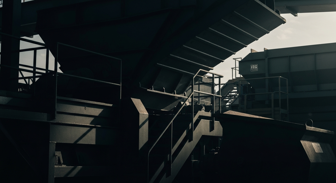 An extreme close-up of gears, levers, and other heavy machinery used in metal recycling, conveying the physical, industrial nature of Metallus' business through dramatic shadows and highlights.