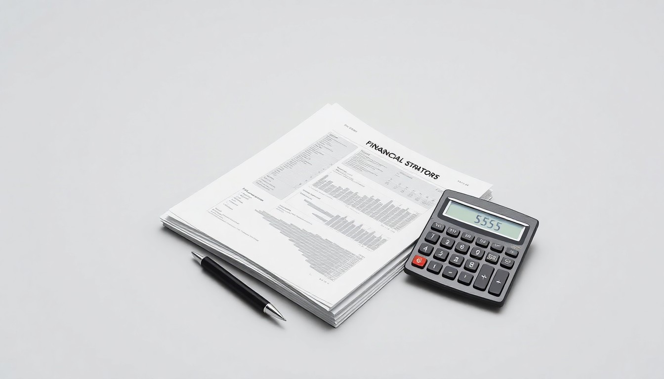 A photorealistic studio still life featuring a stack of financial reports, a pen, and a calculator arranged on a clean, monochromatic background, symbolizing the analytical and strategic considerations behind Azarias Capital's increased stake in ManpowerGroup.