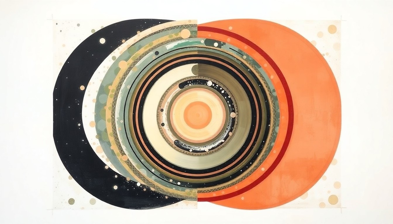 An abstract painting in soft, muted tones featuring sweeping geometric shapes and concentric circles, representing the complex interplay of scientific forces and human emotions within a space mission.