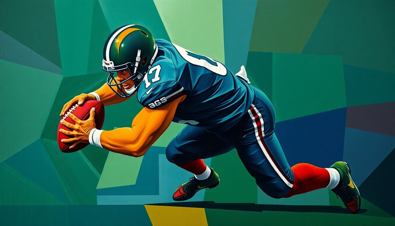 A cubist, geometric painting depicting a defensive lineman making a tackle, with sharp, overlapping planes of navy, green, and orange conveying the raw power and energy of the play.