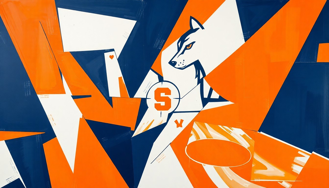 A cubist-style painting depicting a basketball game or match, with the players and court broken down into sharp, overlapping geometric shapes in shades of orange, blue, and white, conveying the complexity and intensity of the moment.