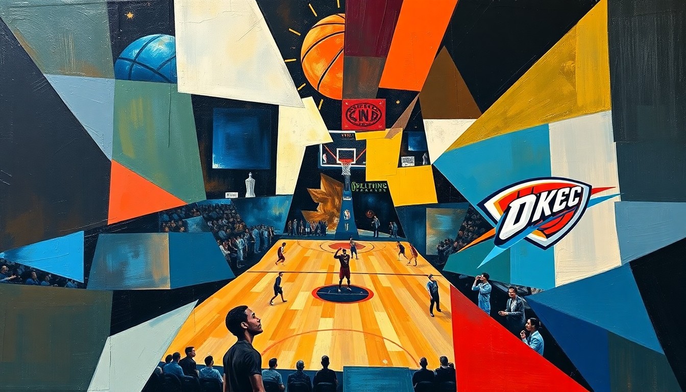 A cubist, geometric painting depicting a basketball game, with overlapping shapes and planes representing the action on the court, conveying the energy and teamwork of the Nuggets' reserve players outperforming their Thunder counterparts.