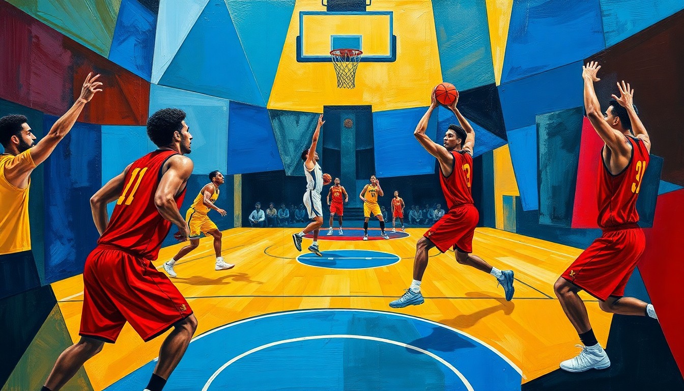 A cubist, geometric painting depicting the action of a basketball game, with the players' forms broken down into abstract shapes and planes of color representing the teams' uniforms.