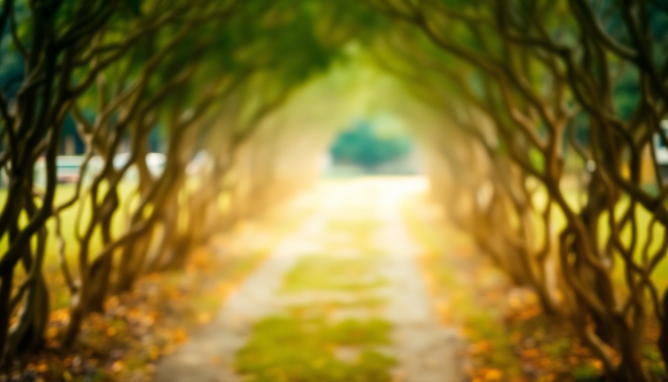 An abstract, out-of-focus image of a winding garden path lined with a soft, organic border of repurposed tree branches, captured in a warm, hazy palette of earthy tones.