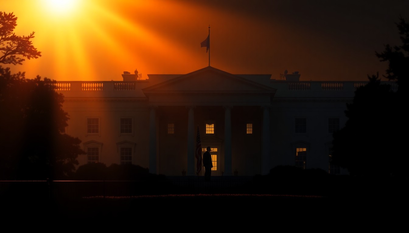 A cinematic painting of the White House in warm, golden light, with a solitary figure standing in a window, conveying a sense of political uncertainty and unease.