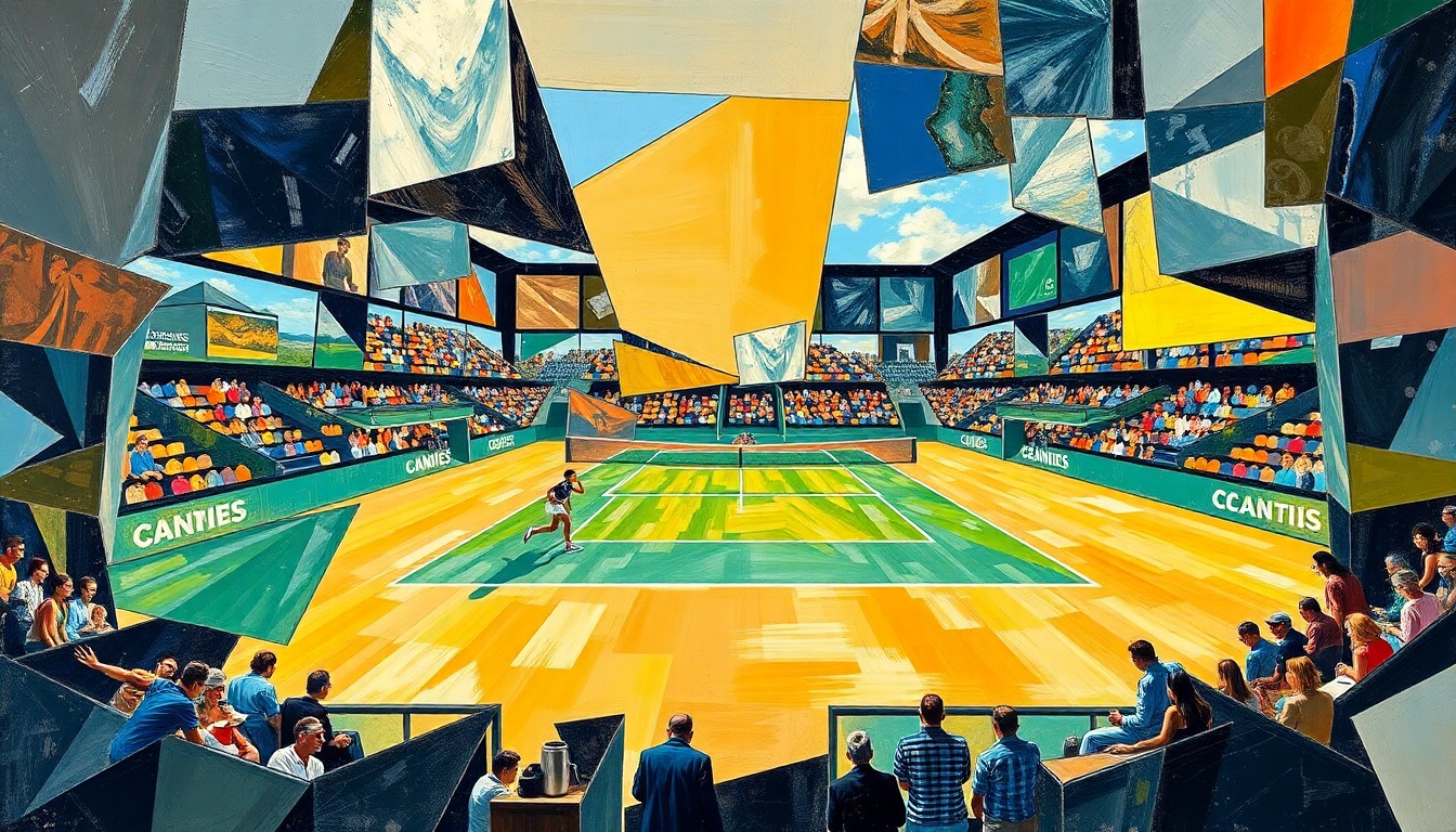 A cubist, geometric painting depicting a tennis match between two players, with sharp, overlapping planes of color and form representing the dynamic action on the court.