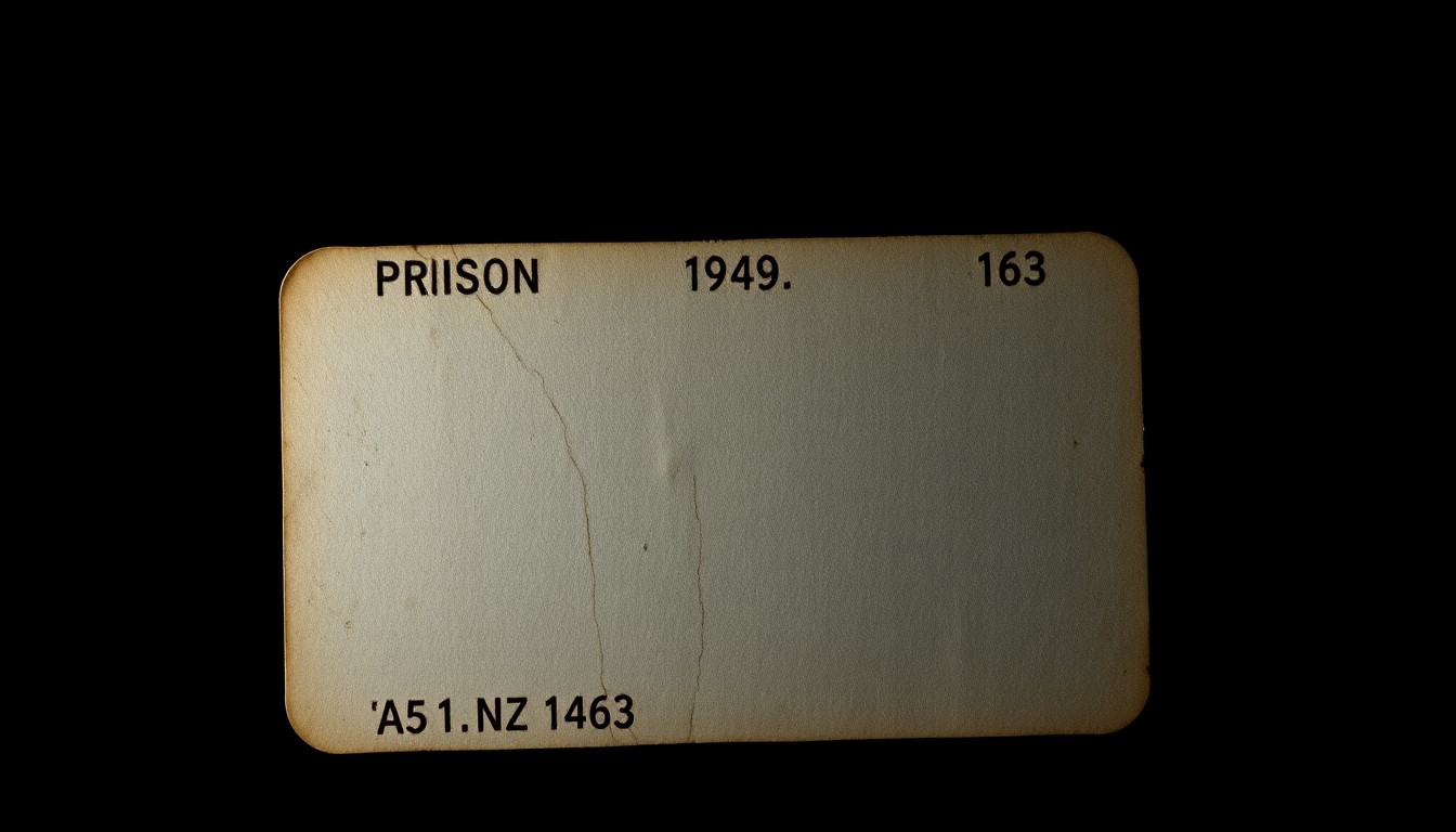 An extreme close-up of a weathered, cracked prison ID card reflecting a harsh, direct camera flash, conceptually representing the collapse of a fugitive's false identity.