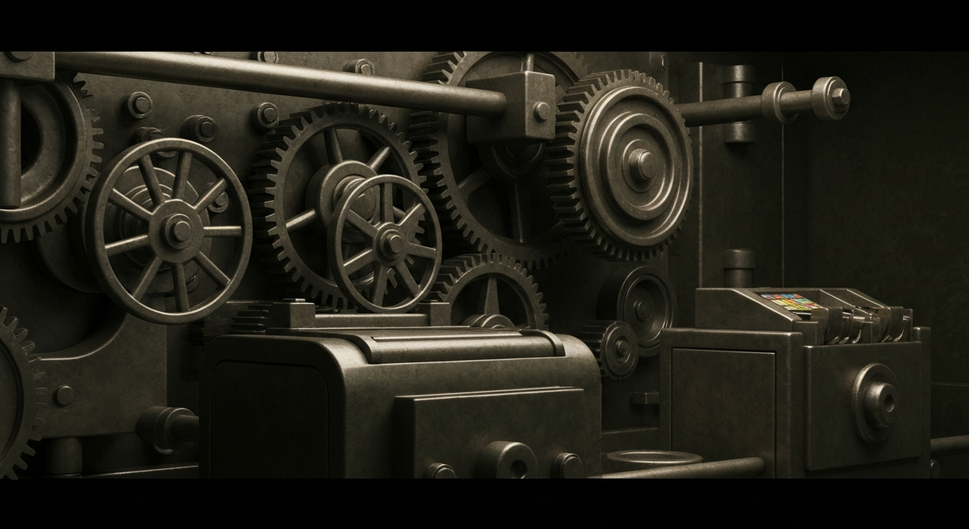 An extreme close-up of intricate, metallic banking machinery and mechanisms, conveying the idea of financial security and stability through a raw, industrial visual style.