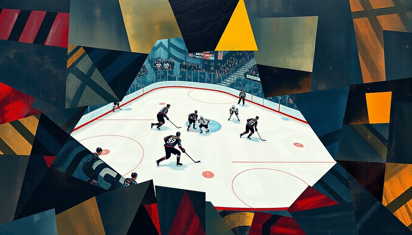 A cubist, geometric painting depicting a hockey game or match, with players and action broken down into abstract shapes and planes of color, conveying the strategic shift in the Kraken's leadership.