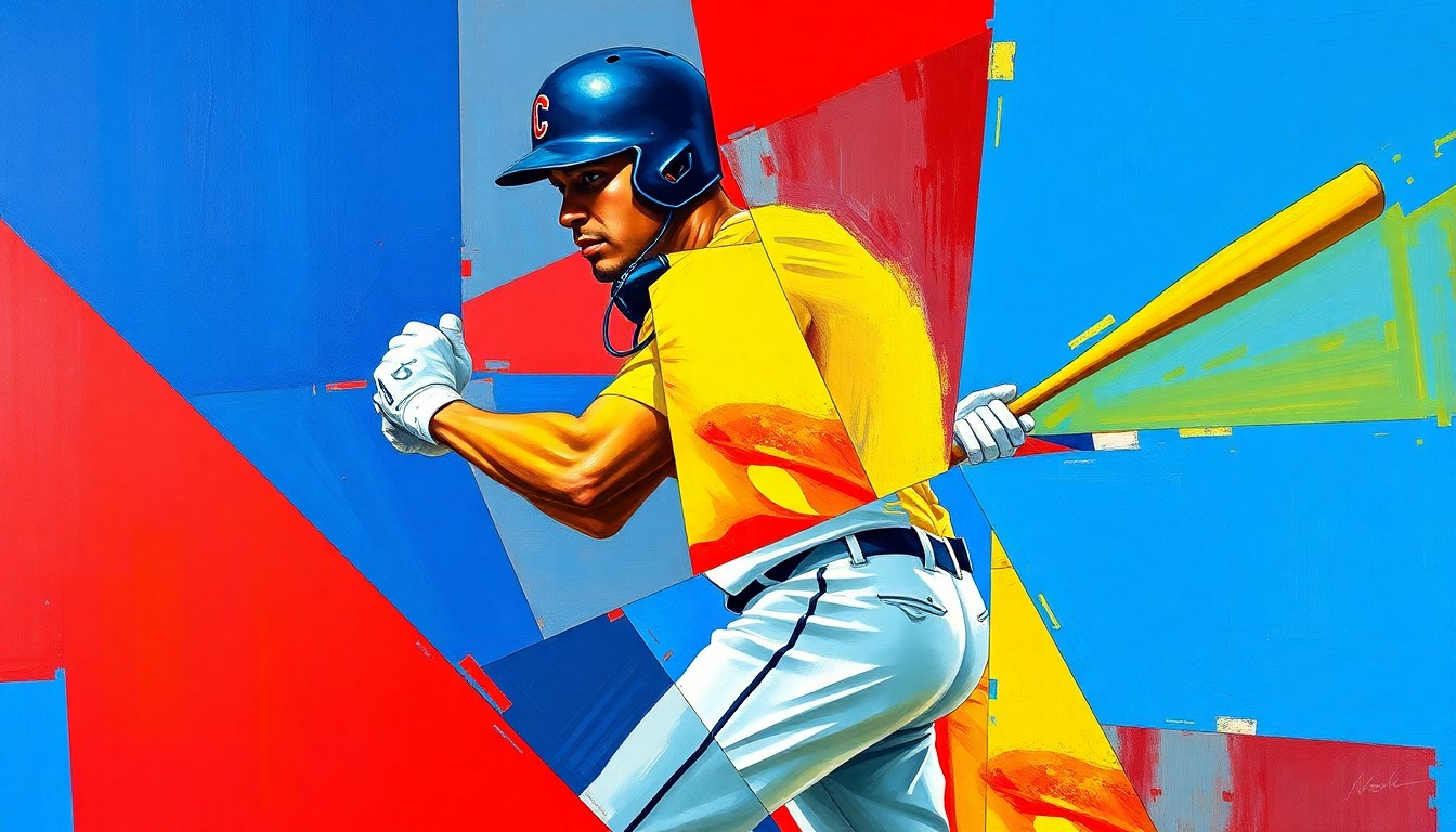 A fractured, geometric painting depicting a baseball player in motion, with sharp planes of vibrant colors overlapping to create a dynamic, abstract representation of the sport.